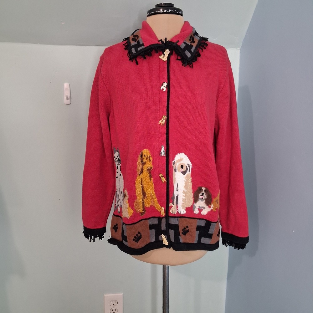 Storybook Knits Red Dog Cardigan Sweater Fringed Collar Novelty Buttons Medium